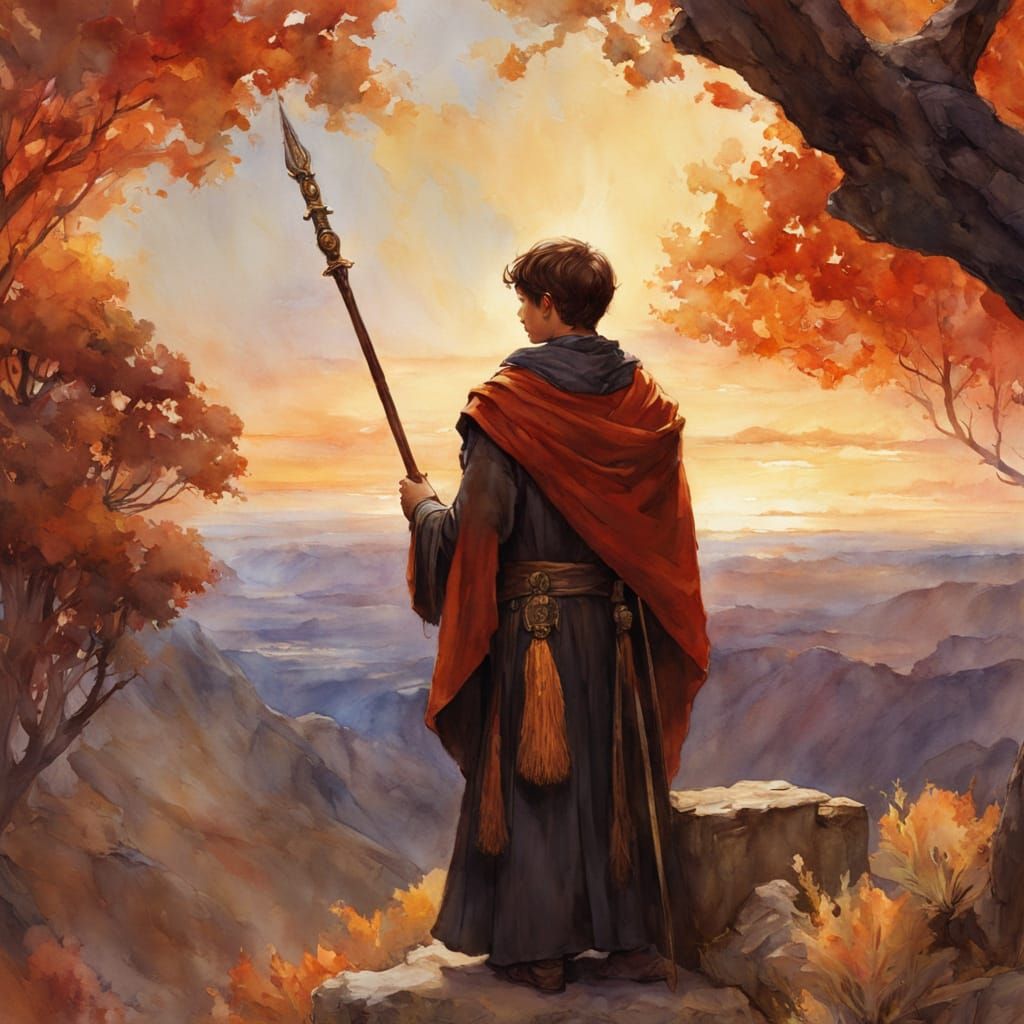 Wizard at Dawn in Pre-Raphaelite Style