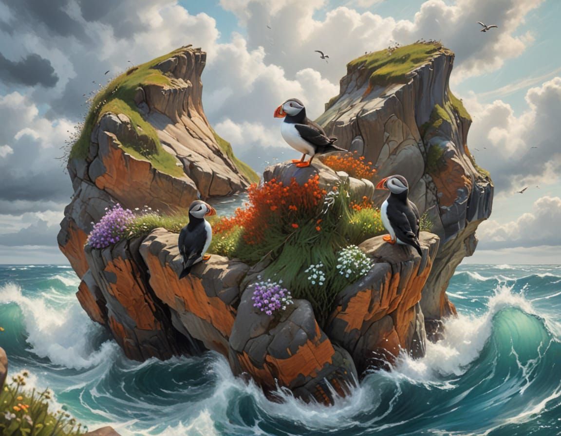 Puffins on a Windswept Cliff with Crashing Waves