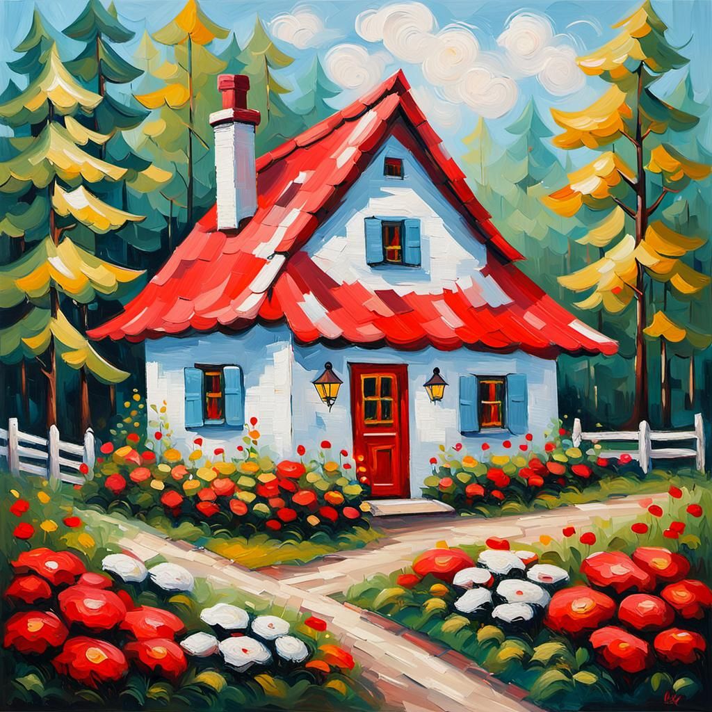 Cozy Cottage in Forest, Neo-Impressionist Oil Painting