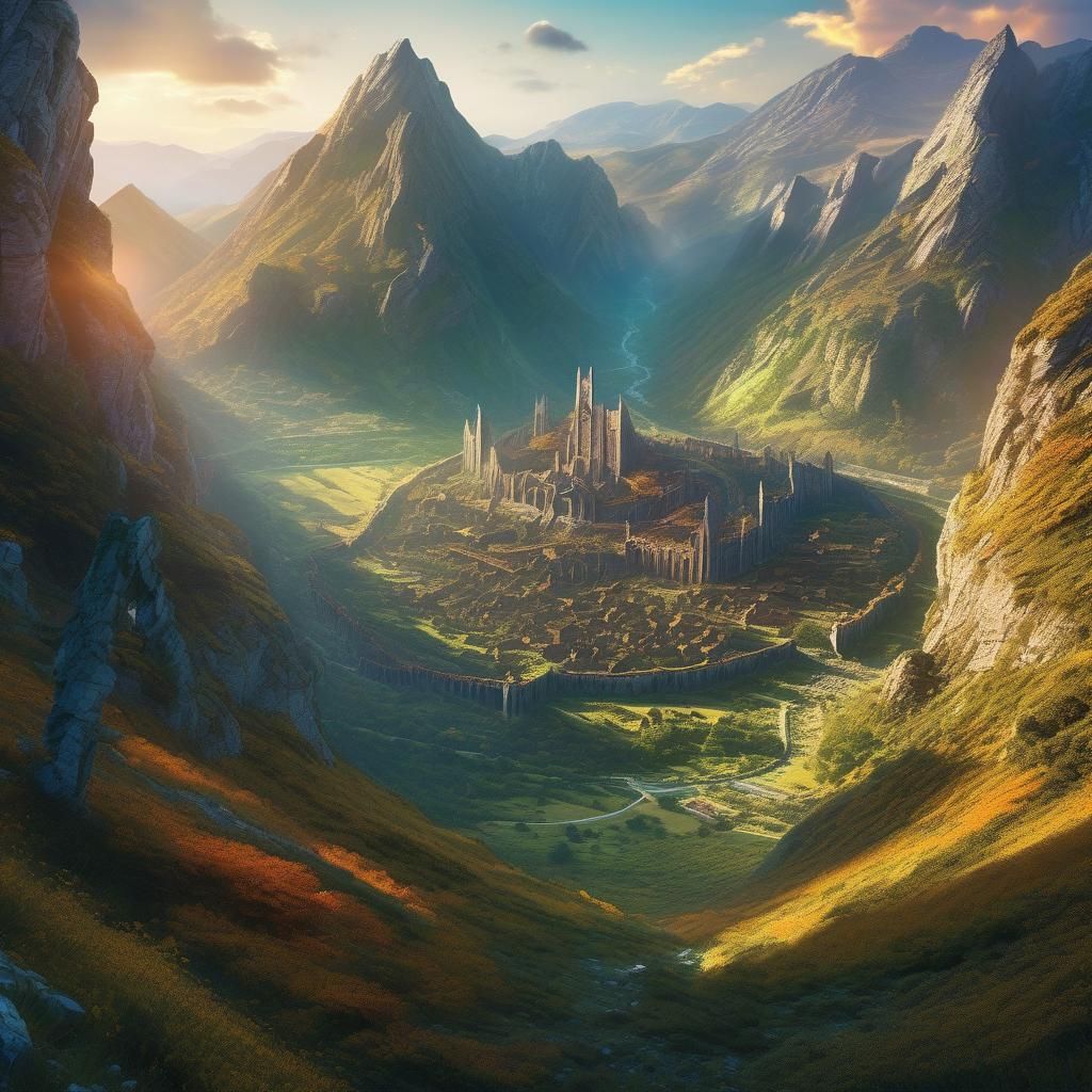 Hyperdetailed Mountain Valley City Ruins with Pegasus