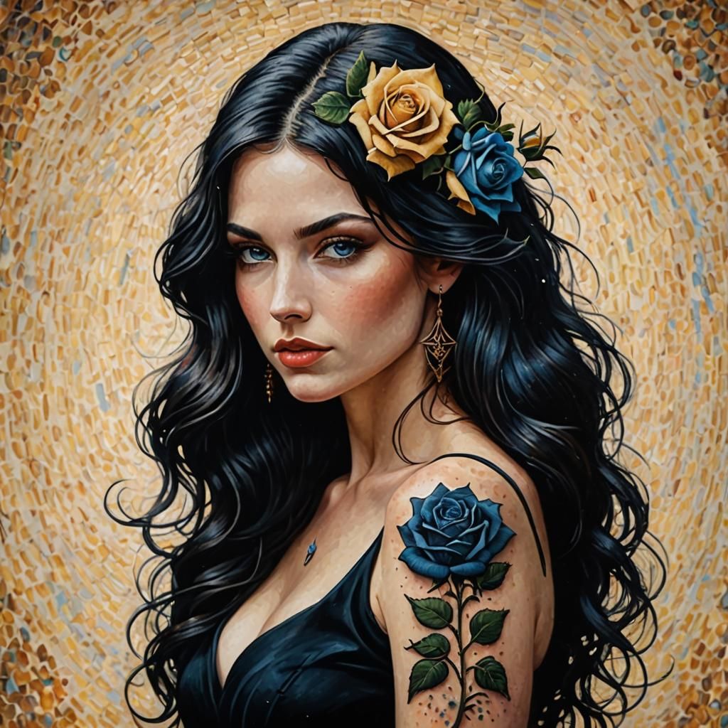 Woman with Rose Tattoo in Pointillist Style