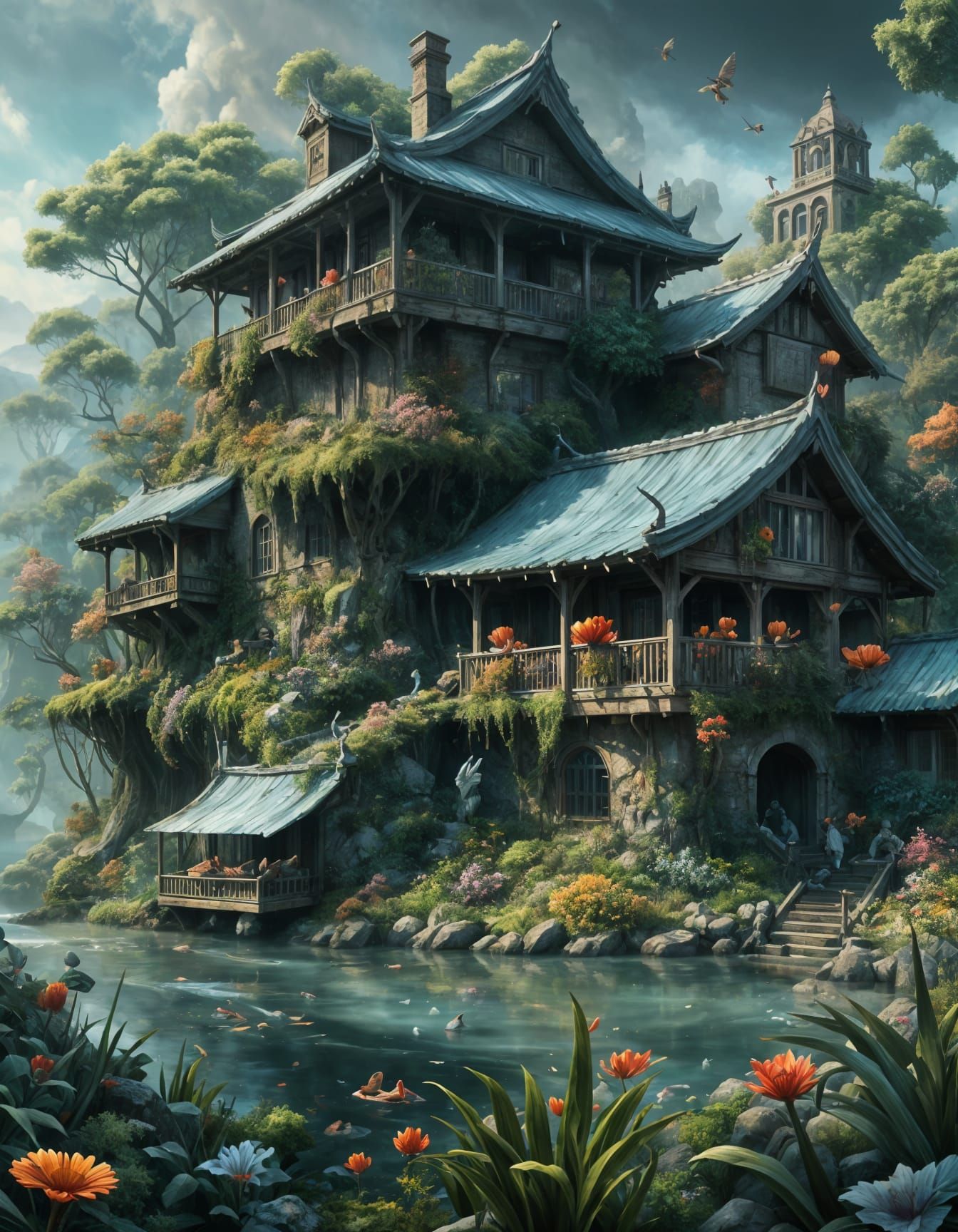 Vibrant Forest Scene with River and Exotic Animals