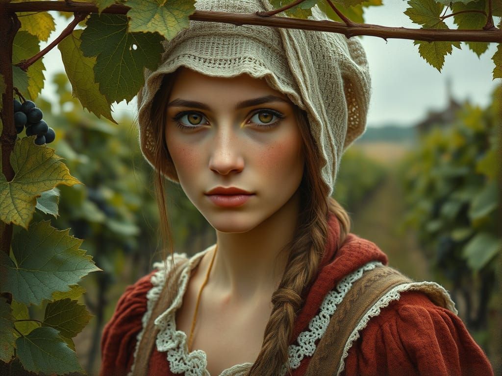 Young South Slavic Woman Harvesting Grapes in a Golden Light