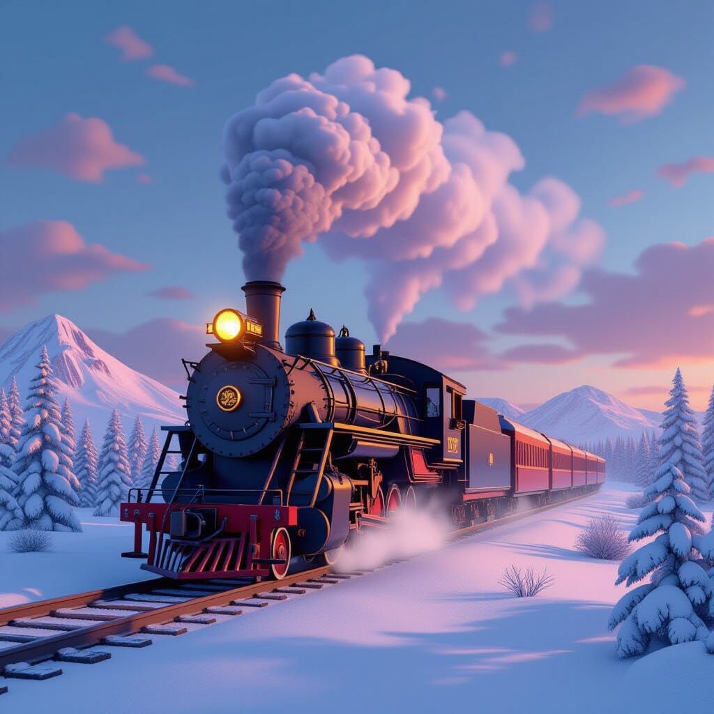 Steam Locomotive Through Winter Landscape in 3D Art Style