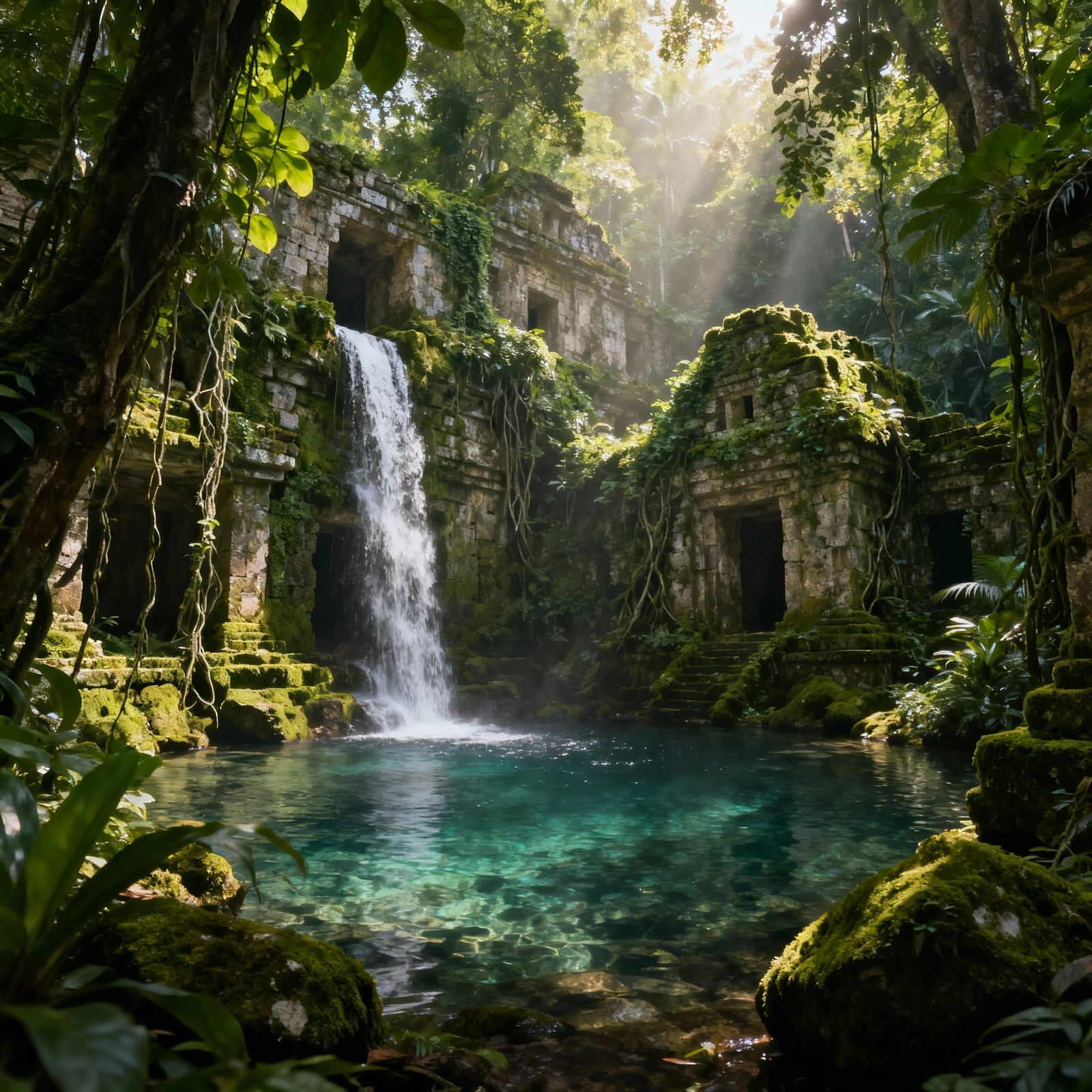 Hidden Waterfall in Jungle Ruins, Photorealistic Nature Phot...