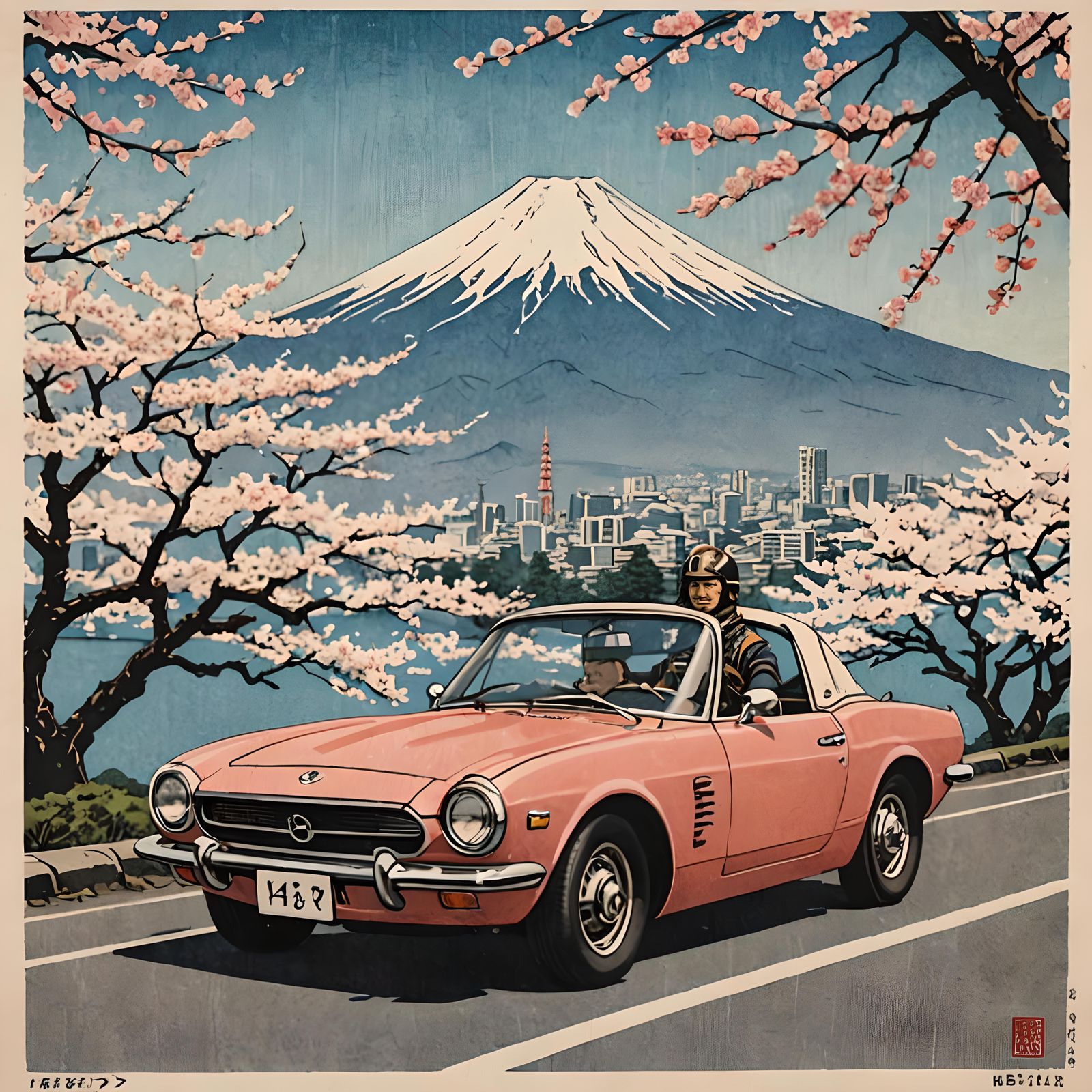Japanese Warrior Drives Sports Car: Block Print