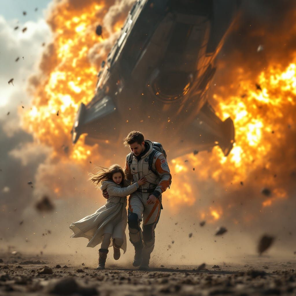 Sci-Fi Action Scene: Man Protects Girl from Exploding Spaces...