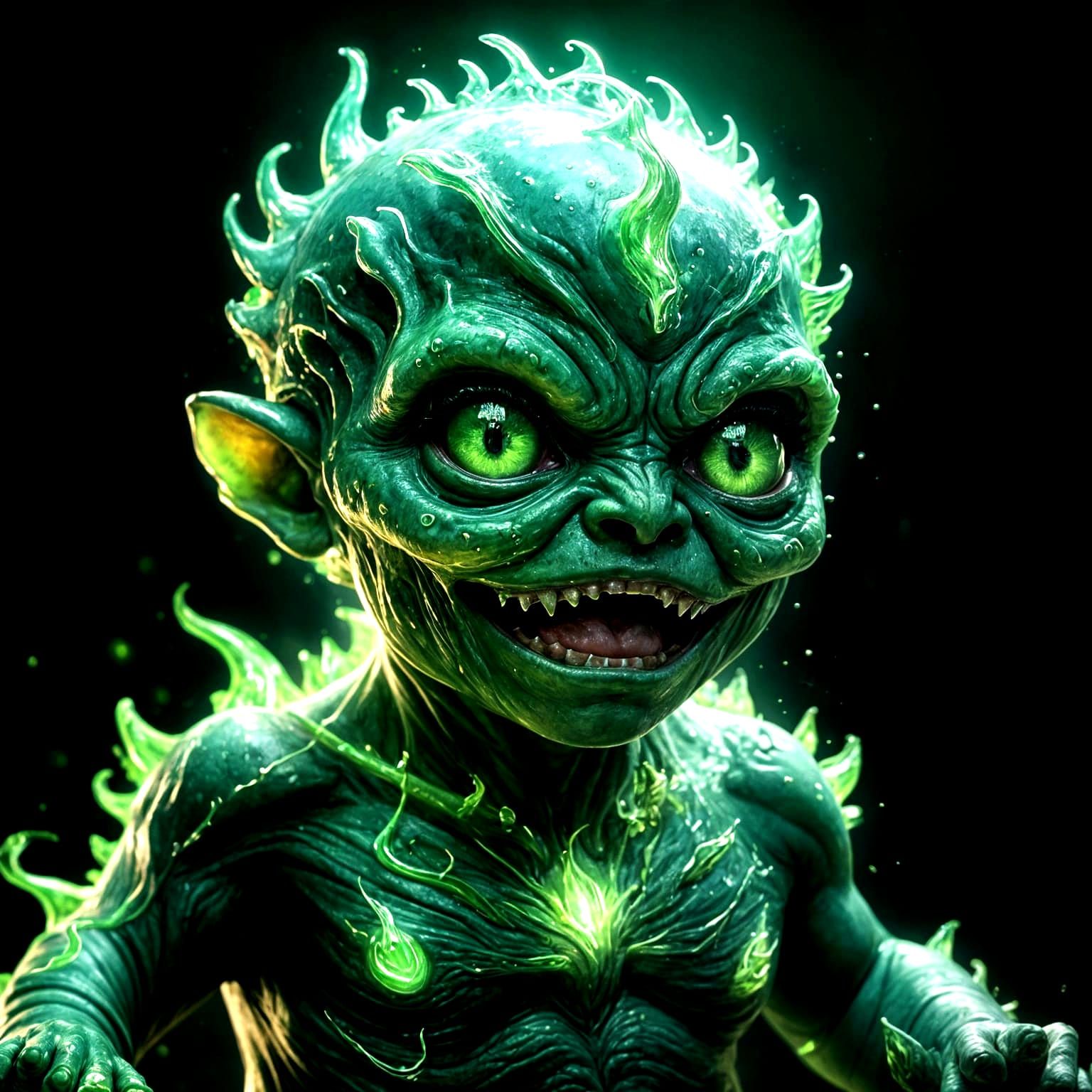 Hyperrealistic Monster Baby with Green Flames