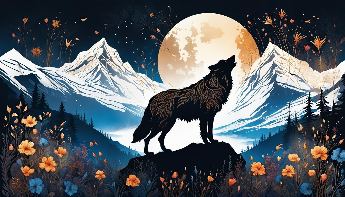 Wolf Howling at Moon in Bioluminescent Night