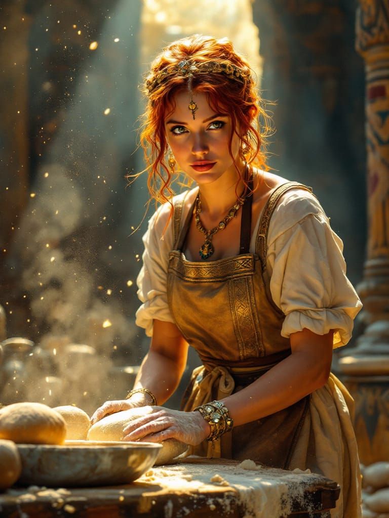 Ancient Egyptian Baker with Red Hair Kneading Dough