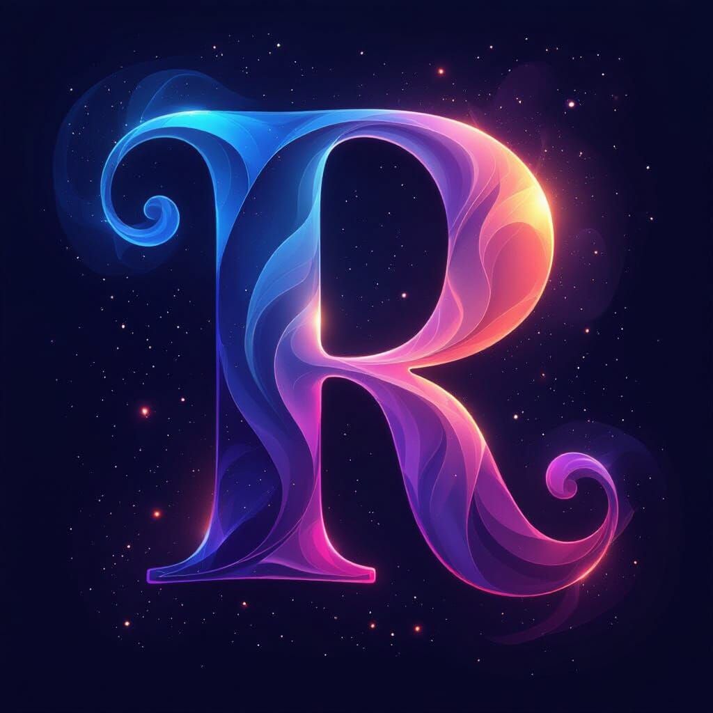 Glowing Cosmic Letter R in Deep Blue and Purple