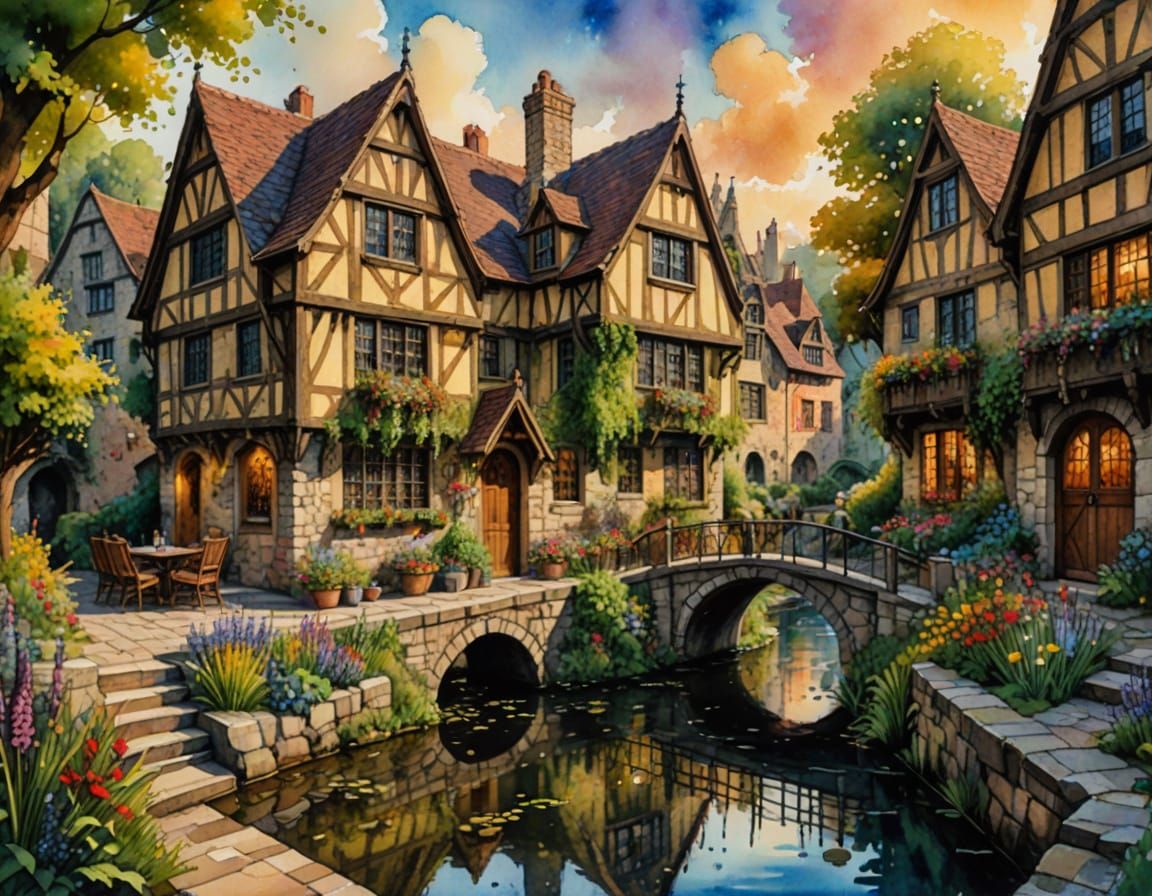 Vibrant Tudor Village Watercolor with Canal and Greenery