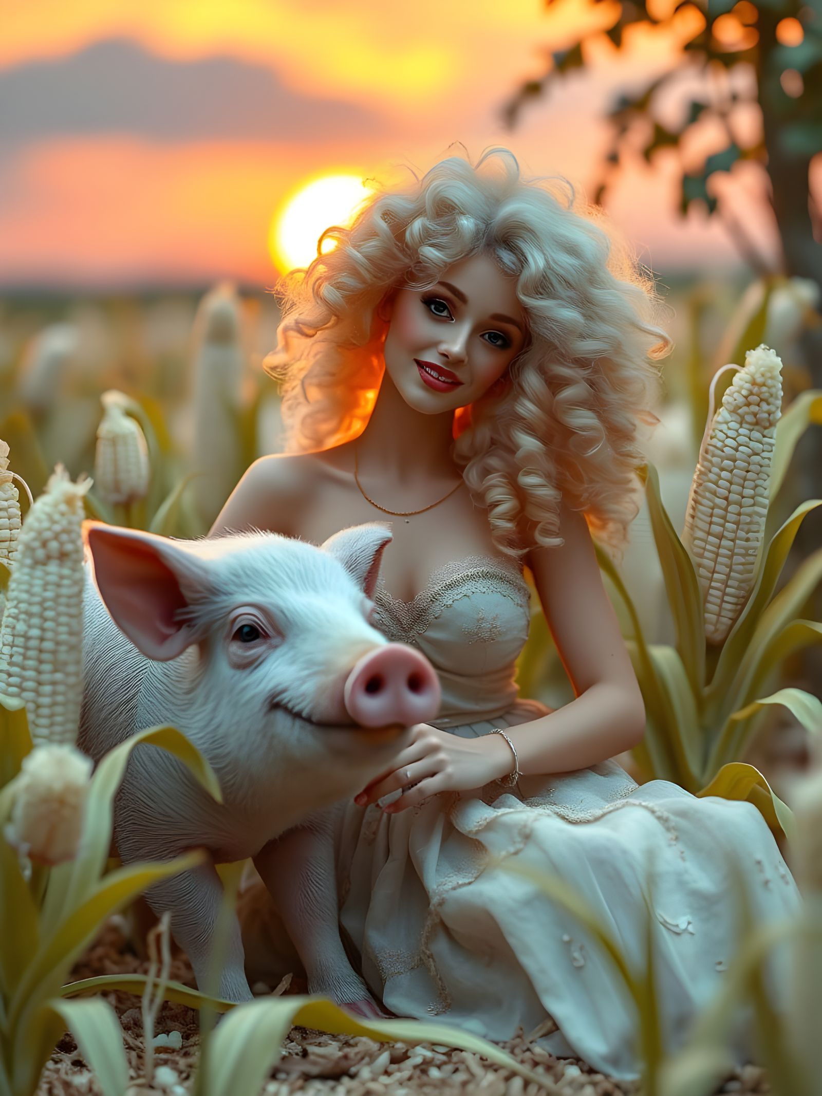 Romantic Diorama of Albino Woman Singing Amidst White Corn a...