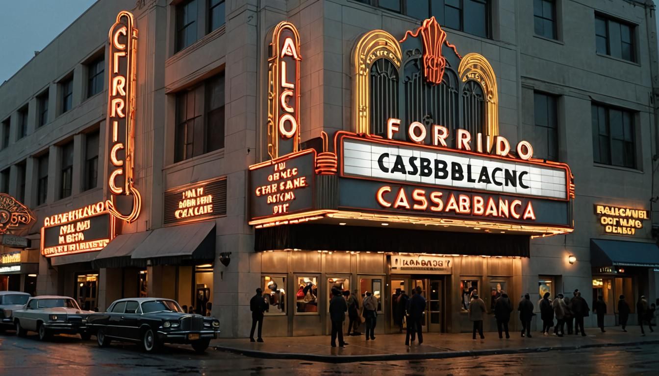 Art-Deco Movie Theater Exterior at Night