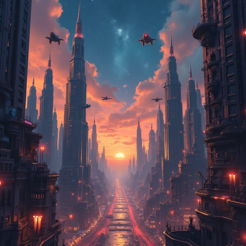 Art Deco Cityscape with Nebulae and Rockets