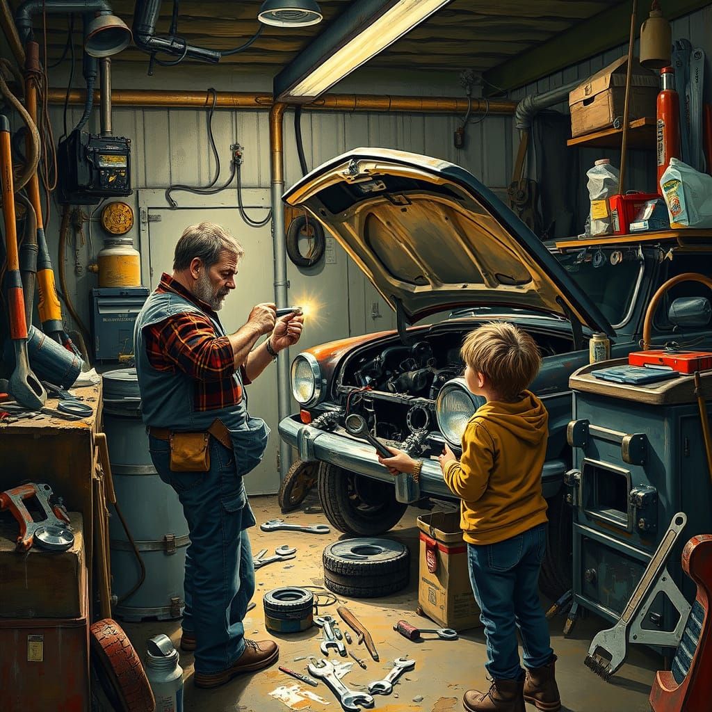 Gritty, Hyper-Realistic Painting: Father and Kids Fix Car