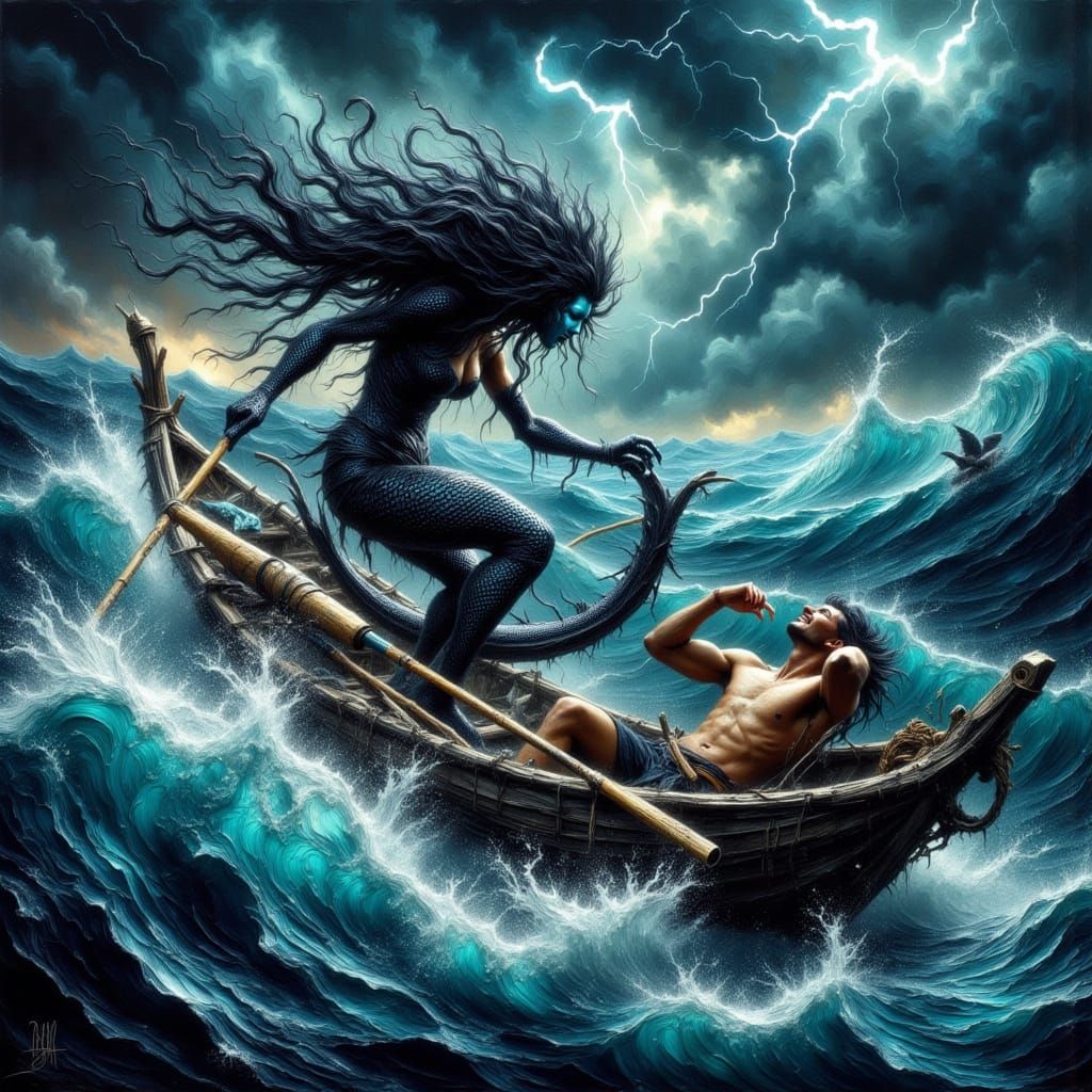 Evil Siren Rescues Man From Stormy Sea in Dark Fantasy Style