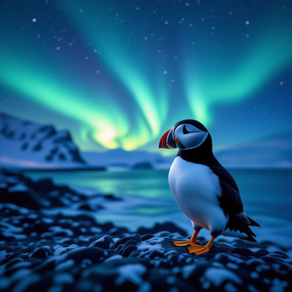 Arctic Puffin Under Northern Lights in Iceland
