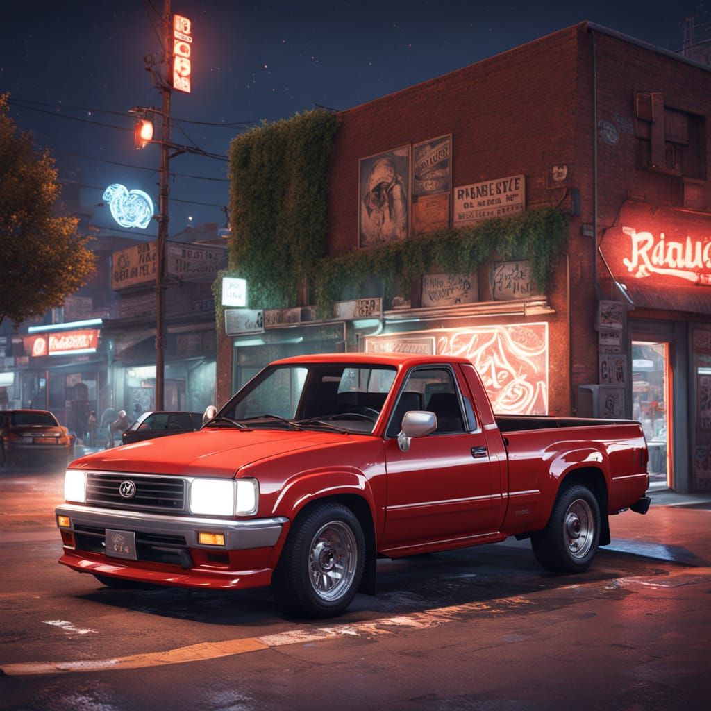 Red 1993 Toyota Truck Outside LA Marijuana Shop at Night