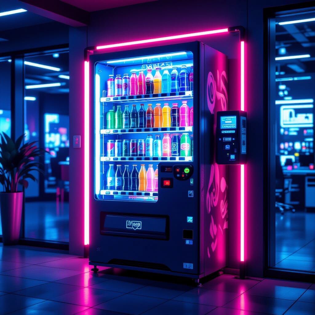 Cyberpunk Vending Machine with Neon Lights in 8K