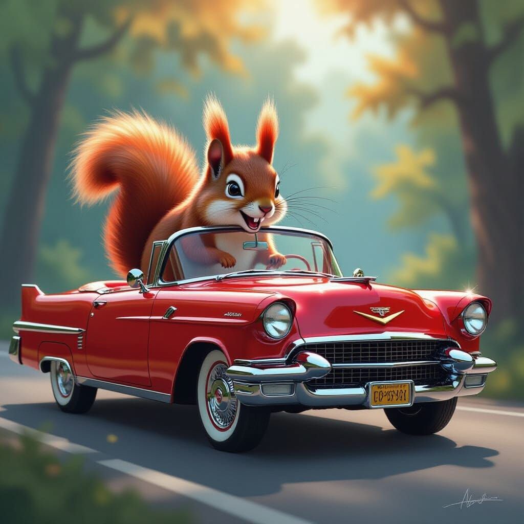 Classic Cadillac Convertible With Crazy Squirrel Driver