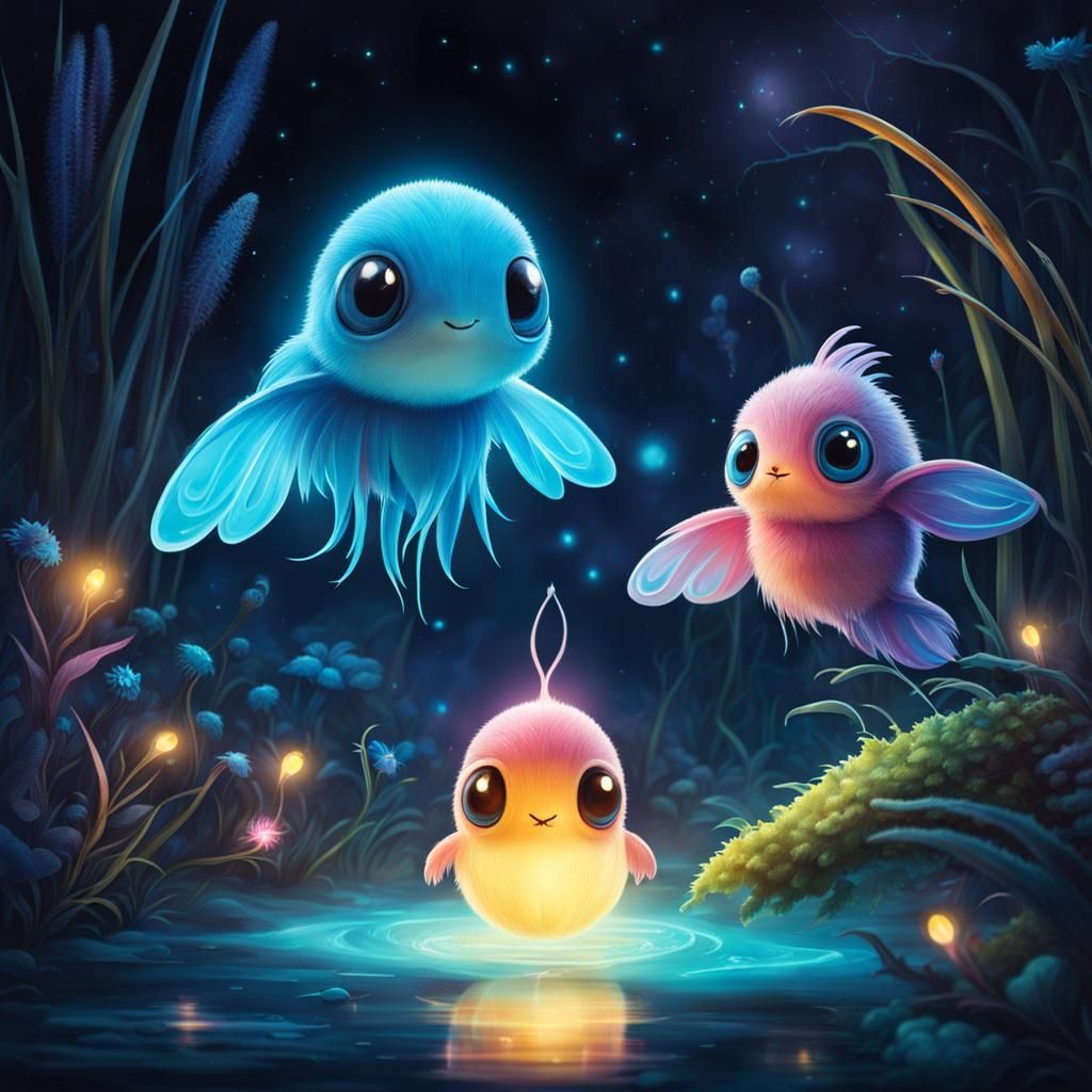 Bioluminescent Imaginary Creatures in a Mystical Setting