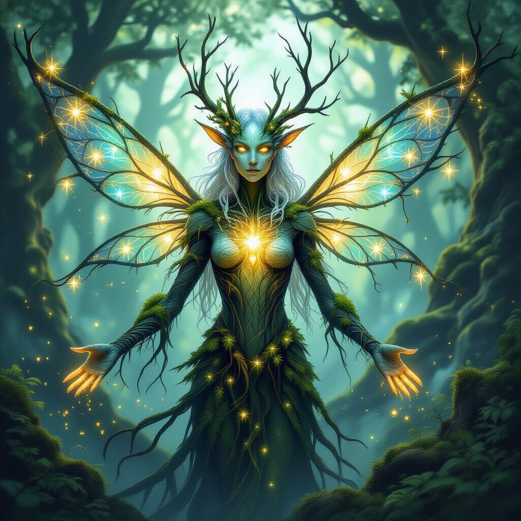 Magical Forest Guardian with Root-Wings