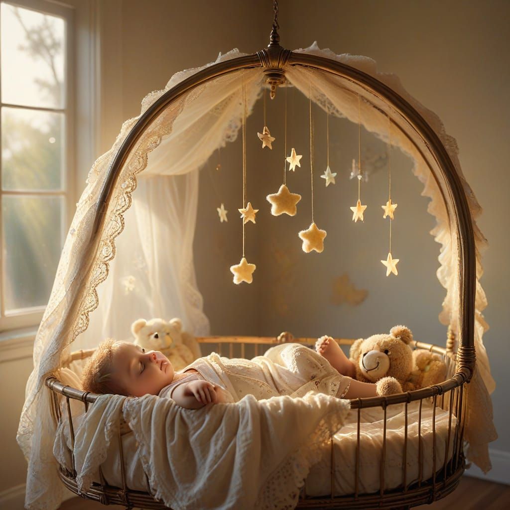 Ethereal Baby Sleeping in Antique Bassinet with Golden Light