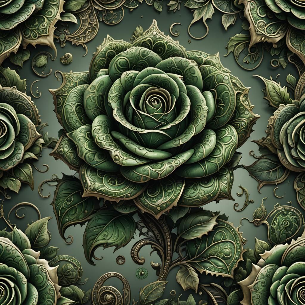 Hyperrealistic Green Paisley Rose in Dark Fantasy Style