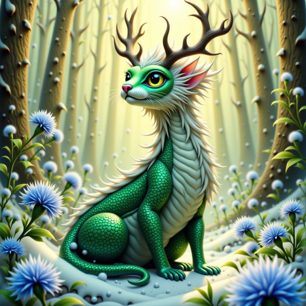 Jade Dragon-Cat in Winter Forest
