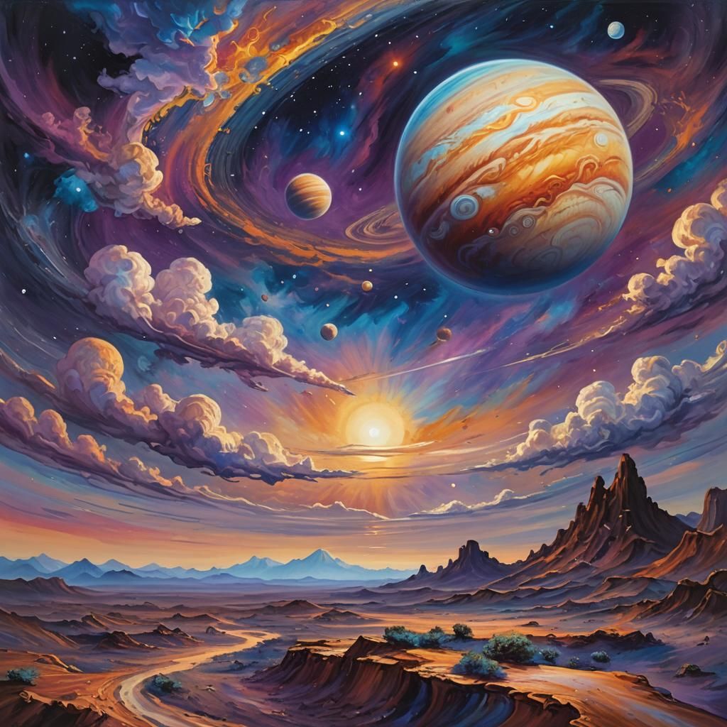 Jupiter and Saturn in Cosmic Oil Painting