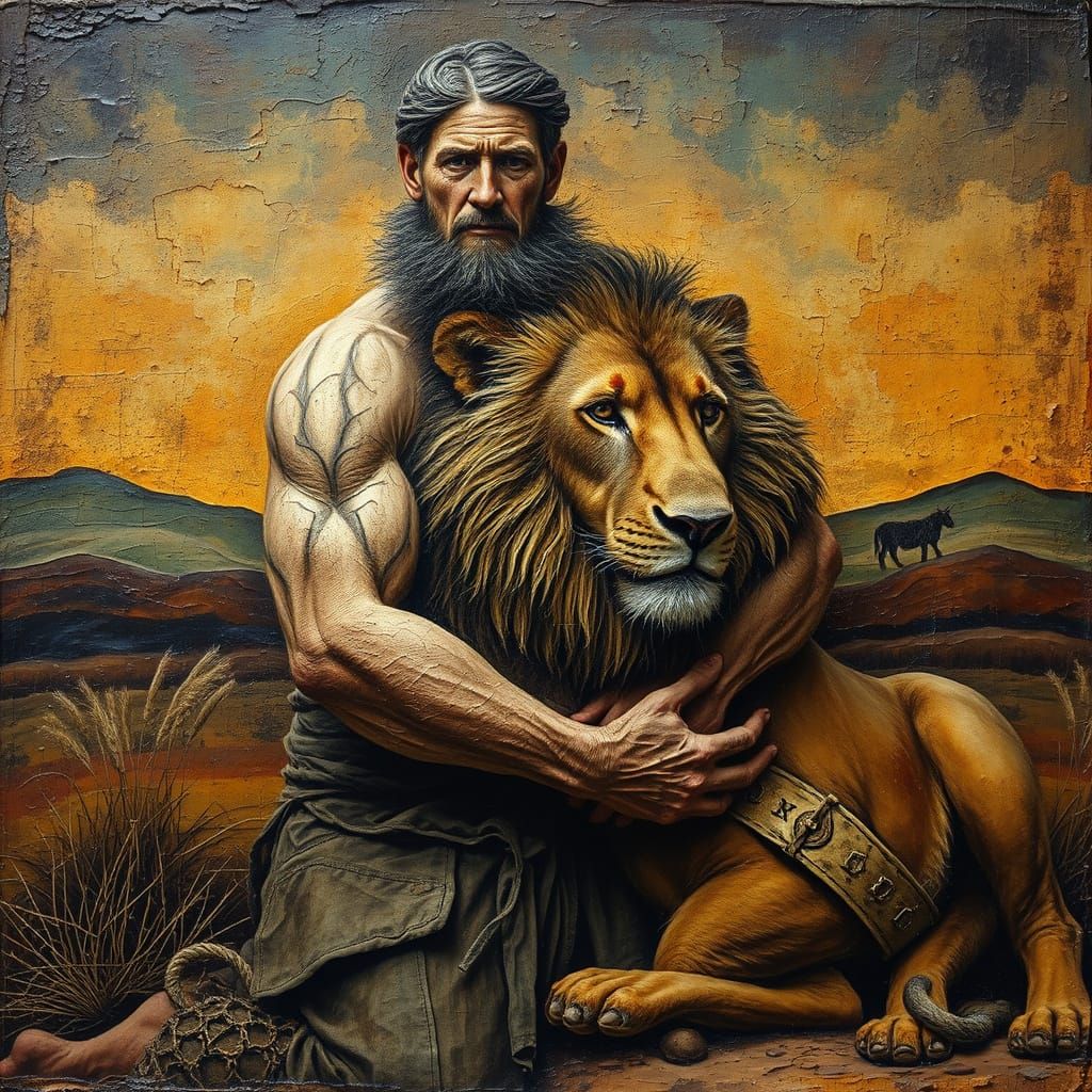 Giant Man Hugs Lion in Textured Art Brut Landscape