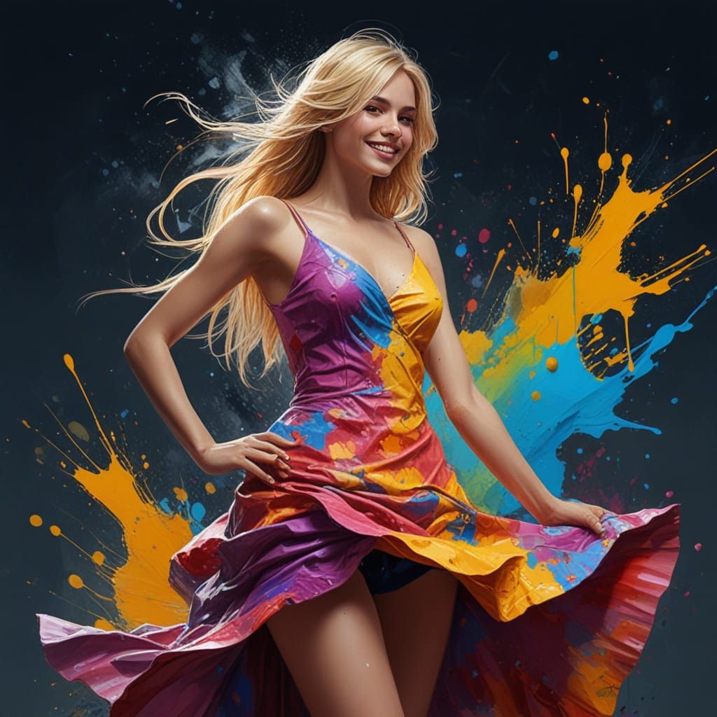 Vibrant Oil Painting of Woman in Splattered Dress
