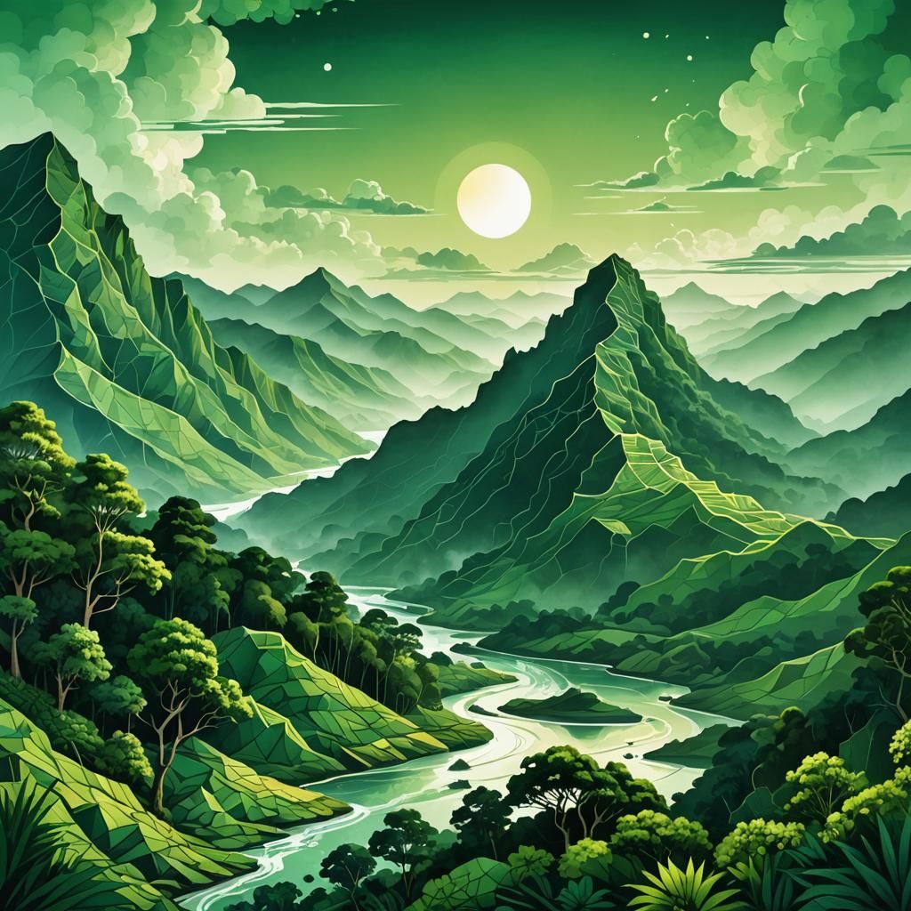Lush Green Mountain Range in Ink Illustration Style
