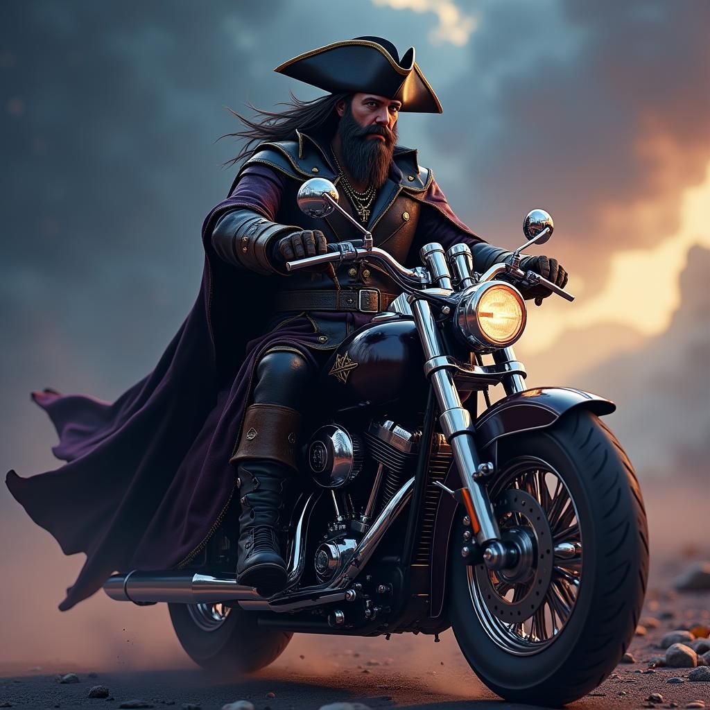 Pirate Biker in Ornate Armor on Harley