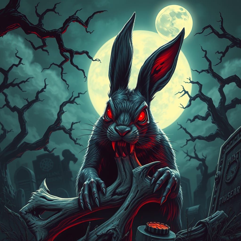 Demonic Rabbit in Graveyard: Dark Fantasy Art