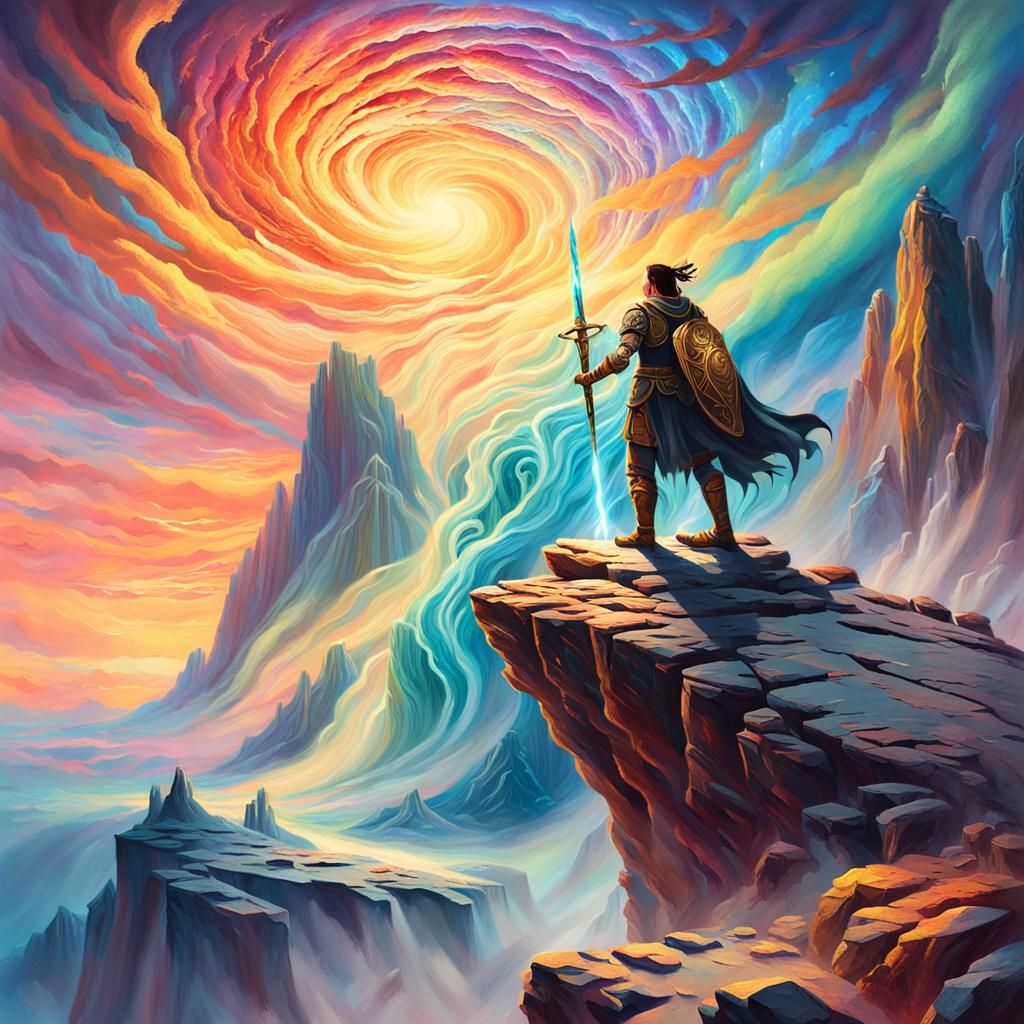 Heroic Warrior on Cliff in Epic Fantasy Oil Painting
