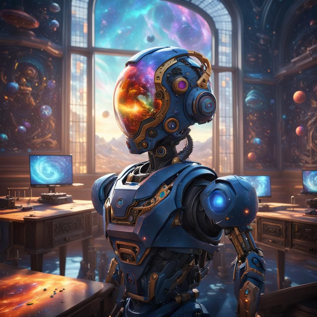 Colorful Robot in Swirling Classroom, Detailed Art