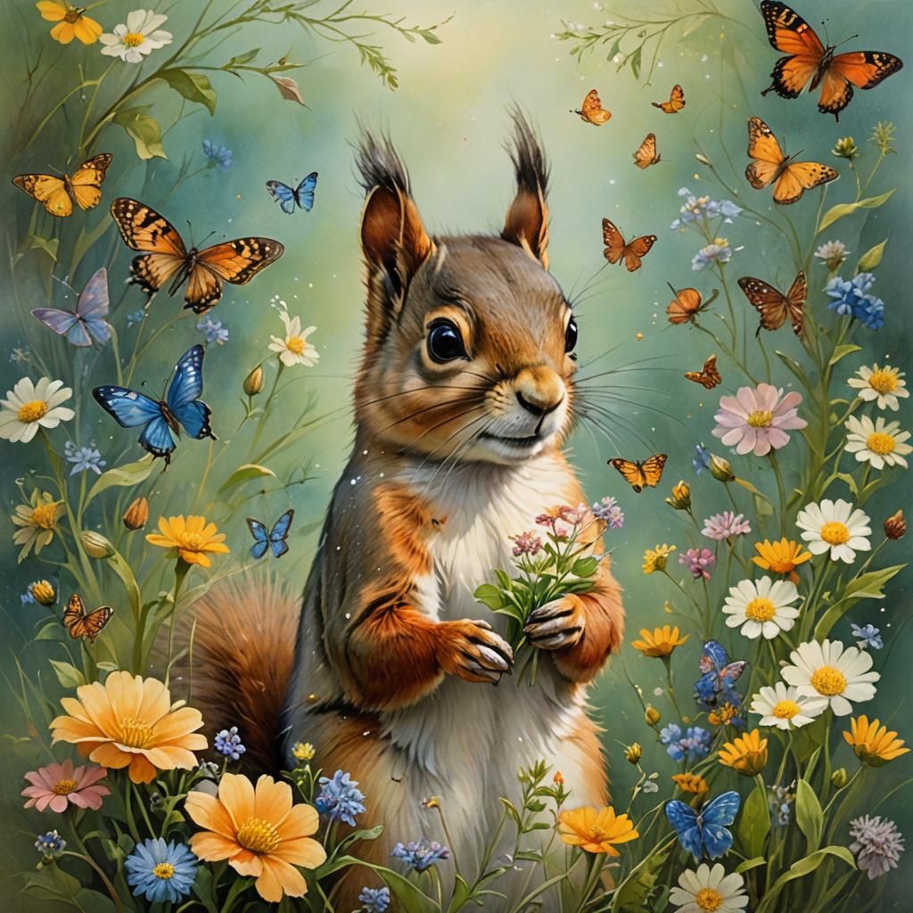 Cute Squirrel in Whimsical Floral Wonderland