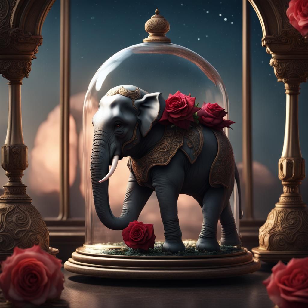 Elephant on Moon with Rose in Glass Dome