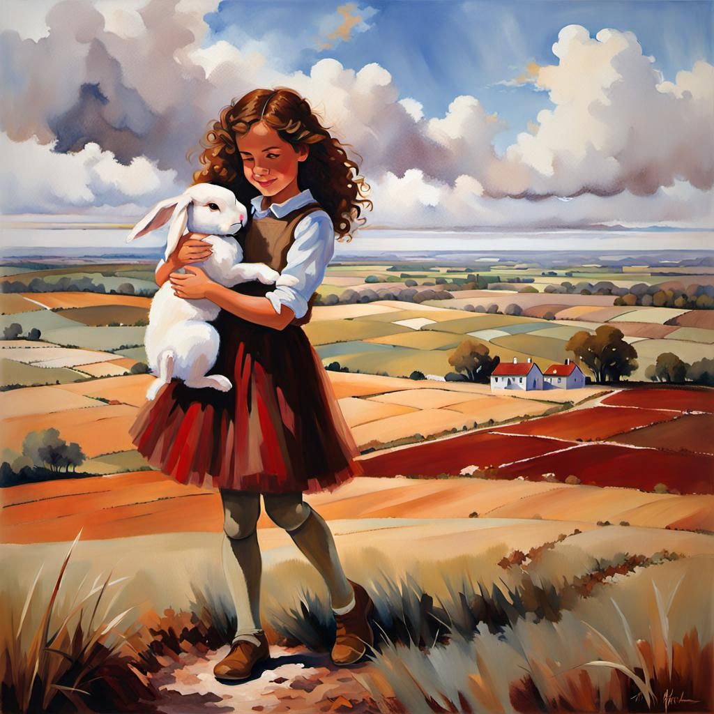 Girl Hugging Bunny in Impressionistic Acrylic Painting