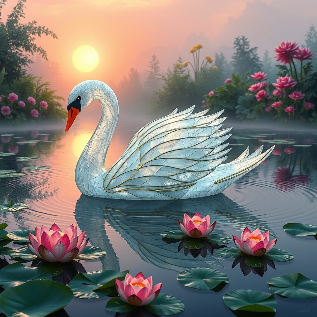 Ethereal Swan in Glassy Pond with Vibrant Primroses