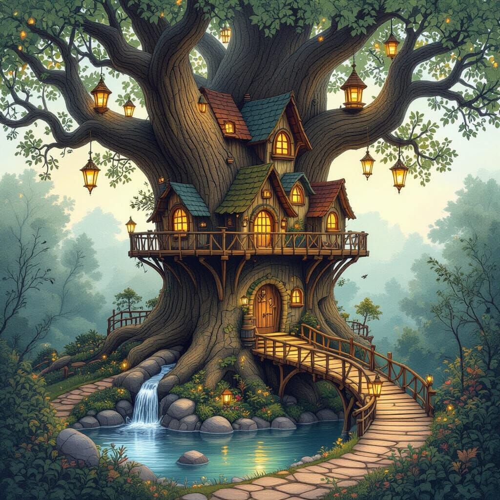 Enchanted Treehouse Village Illustration