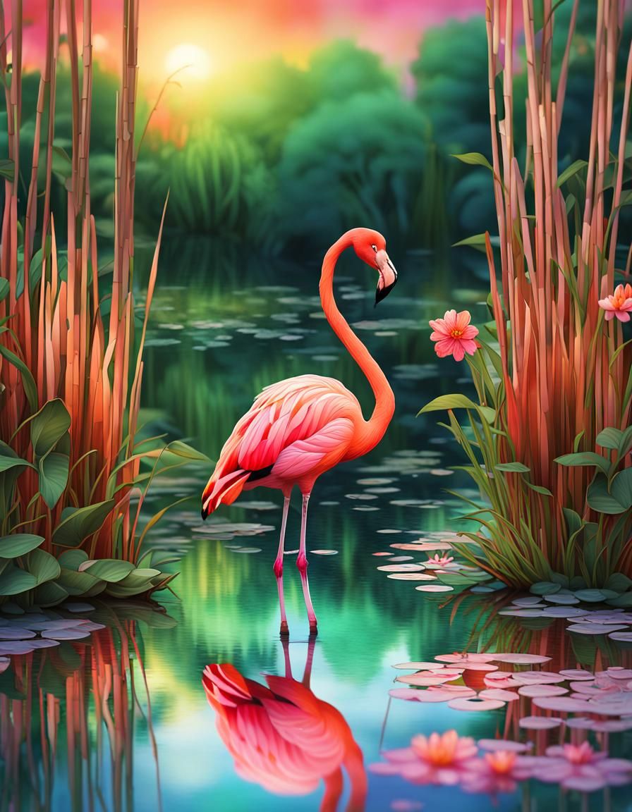 Stained Glass Flamingo in Nature Reflection Pond