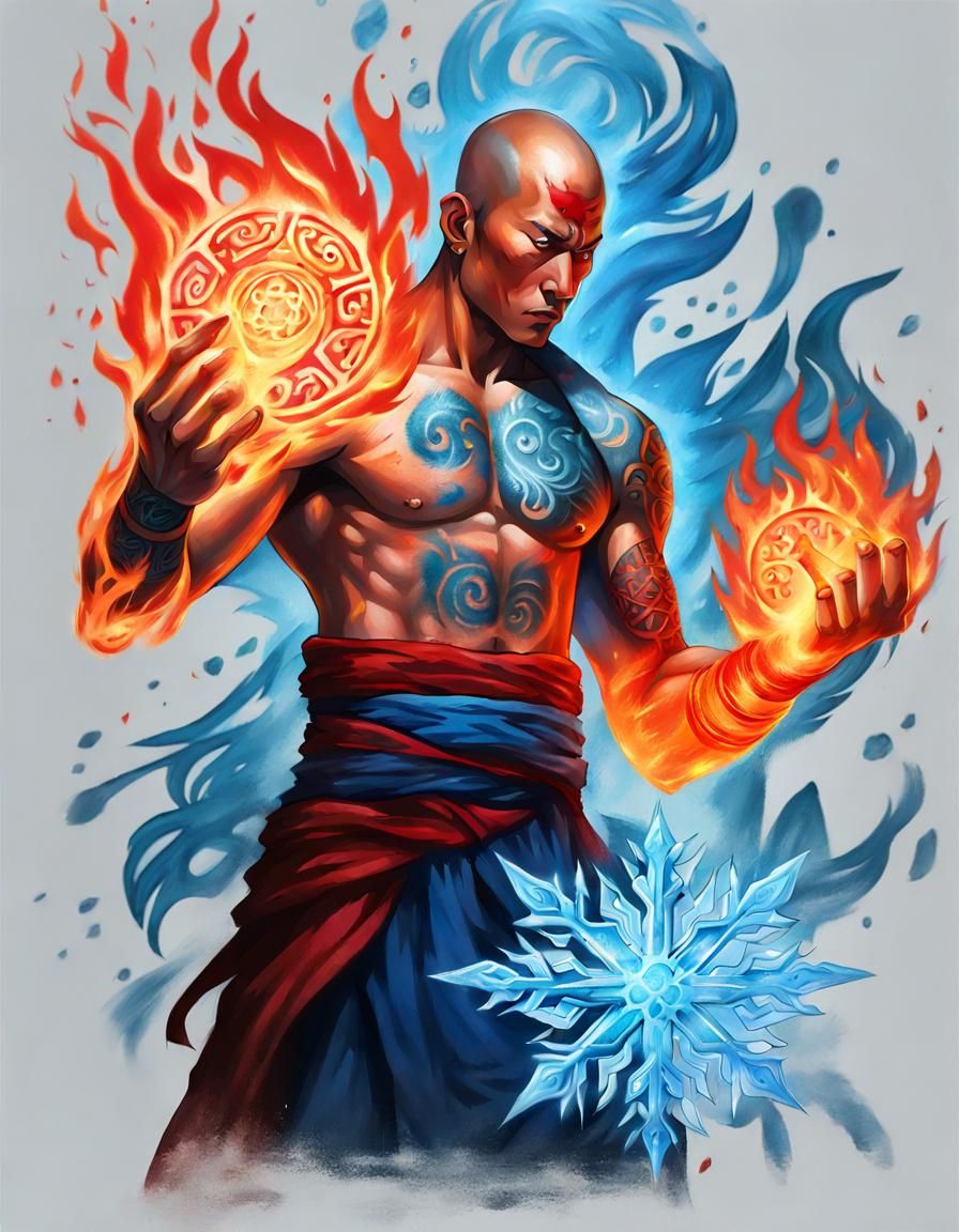 Tibetan Monk with Fire and Ice Tattoos