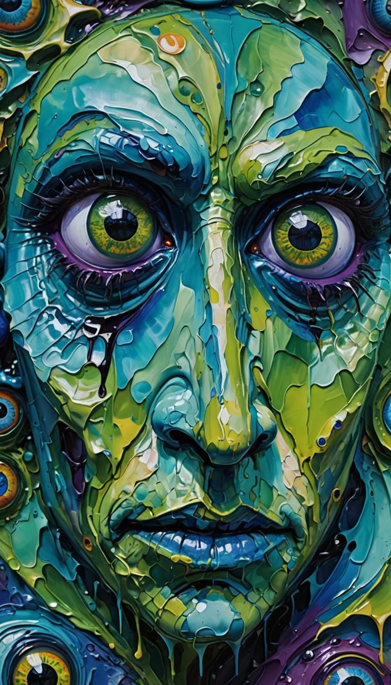 Grotesque Blue Face: A Surreal Impasto Oil Painting