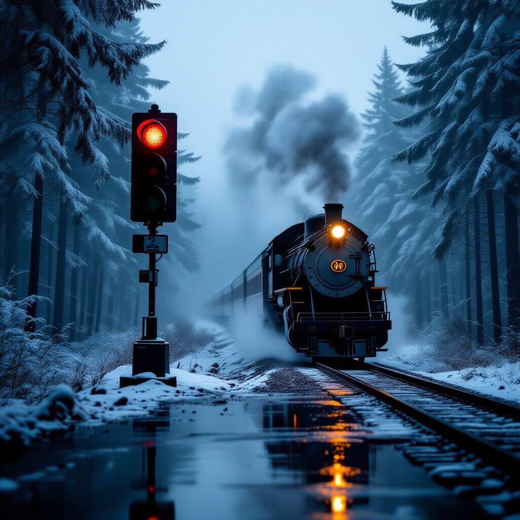 Lone Train Paused at Foggy Forest Signal