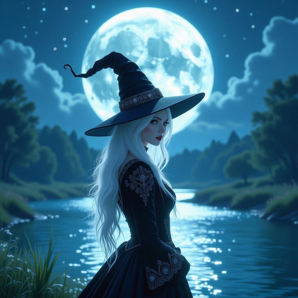 Albino Witch by River Under Full Moon