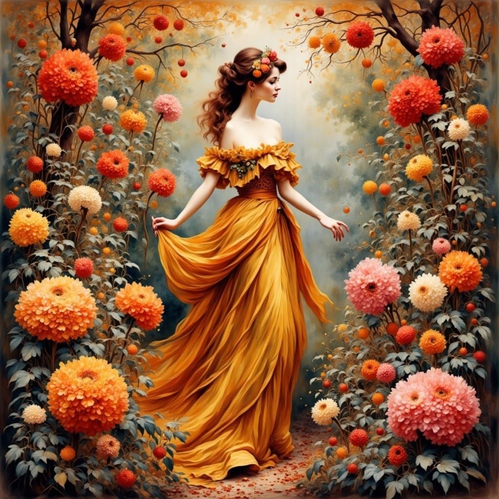 Elegant Autumn Woman in Impressionistic Art Nouveau Style