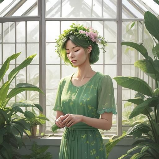 Woman Pruning Plant in a Sunlit Greenhouse